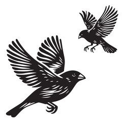 Obraz premium A minimalist, beautiful linocut illustration of a flying Grosbeak bird in silhouette. This black vector artwork captures the elegant form and graceful movement of the bird.