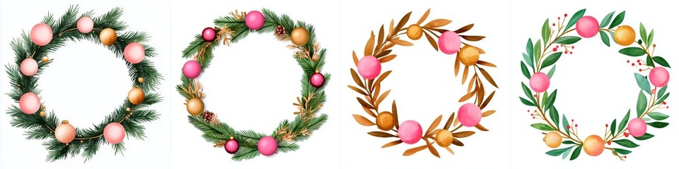 Festive Christmas Wreath Assortment with Spherical Ornaments and Decorative Foliage Holiday Season Art