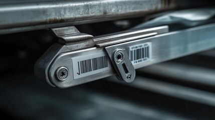 Naklejka premium Close-up of a stainless steel industrial sliding mechanism with barcode labels.