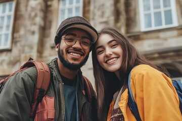 A multicultural student duo posing confidently in front of a university building, excited about their academic journey.