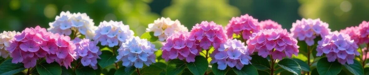 Abundant hydrangeas in a tranquil garden setting , floral, stock, landscape