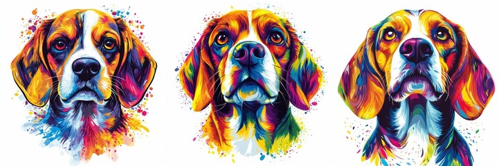 Vibrant Canine Trio Artistic Expression in Splashes of Color Dog Portraits Beagle Art Colorful Style