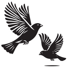 Obraz premium A minimalist, beautiful linocut illustration of a flying Grosbeak bird in silhouette. This black vector artwork captures the elegant form and graceful movement of the bird.