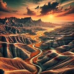 Badlands An arid region with deeply eroded winding and steeply w