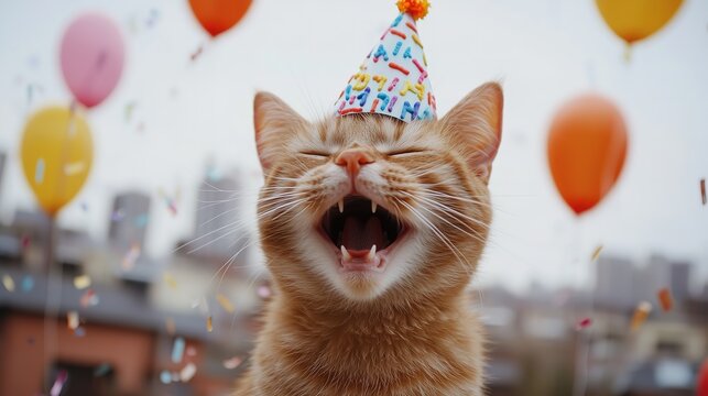 Happy ginger cat wearing birthday hat, meowing amidst colorful balloons and confetti, celebrating a special occasion - Powered by Adobe