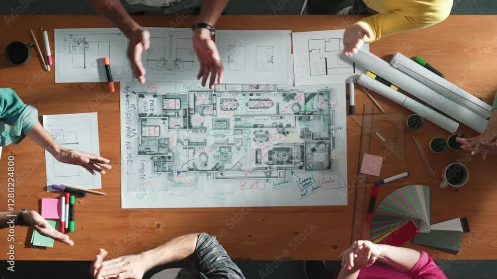 Poster top view of civil engineer team clapping hands while giving high five at meeting table with color pa