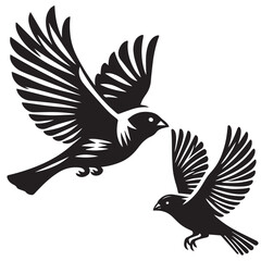 Obraz premium A minimalist, beautiful linocut illustration of a flying Grosbeak bird in silhouette. This black vector artwork captures the elegant form and graceful movement of the bird.