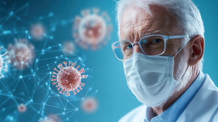 elderly man in white shirt and glasses wears mask, symbolizing medical hero concept amidst digital representation of viruses