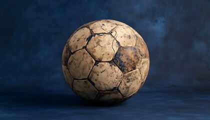 Distressed soccer ball sits against a dark textured blue background