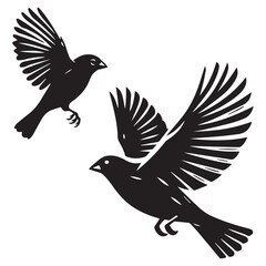 Obraz premium A minimalist, beautiful linocut illustration of a flying Grosbeak bird in silhouette. This black vector artwork captures the elegant form and graceful movement of the bird.