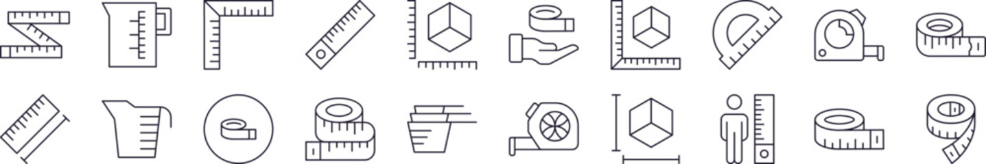 Measure Tape Related Line Icons for Web Sites, Books, Cards, Apps. Editable Stroke. Perfect for Web Sites, Books, Cards, Apps