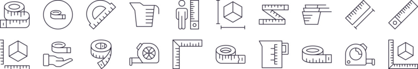 Measure Tape Icon Set for UI, Placards, Books, Apps. Editable Stroke. Perfect for Web Sites, Books, Cards, Apps