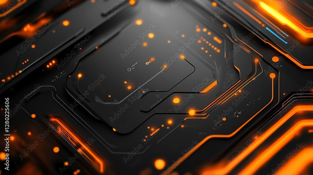 Poster high-tech background with black and orange tones and blue accents, perfect for modern presentations 