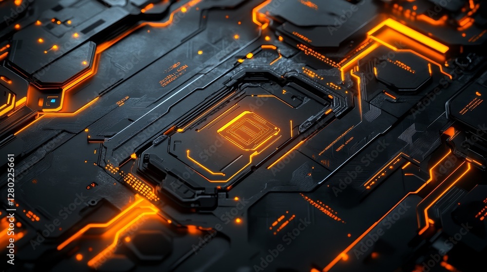 Poster high-tech background with black and orange tones and blue accents, perfect for modern presentations 