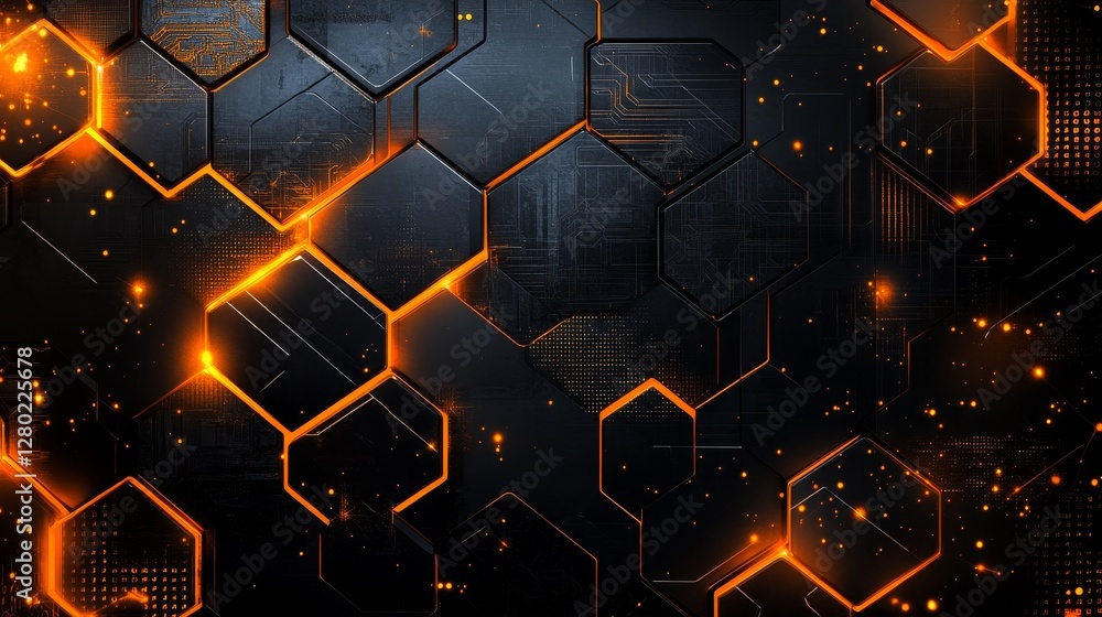 Poster high-tech background with black and orange tones and blue accents, perfect for modern presentations 