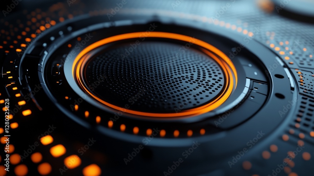 Poster high-tech background with black and orange tones and blue accents, perfect for modern presentations 