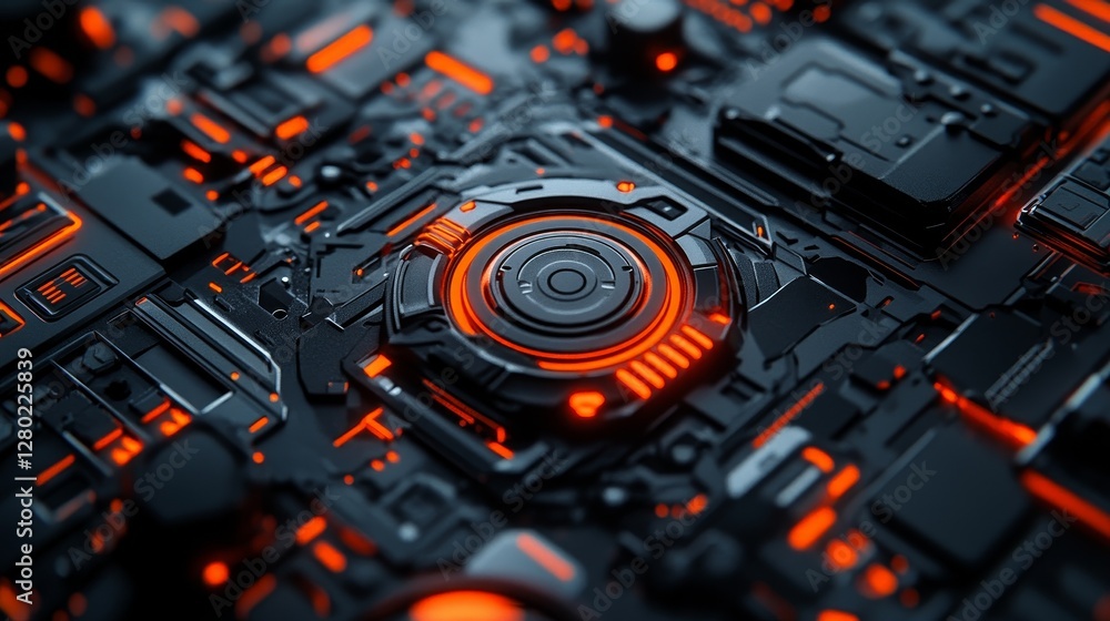 Poster high-tech background with black and orange tones and blue accents, perfect for modern presentations 