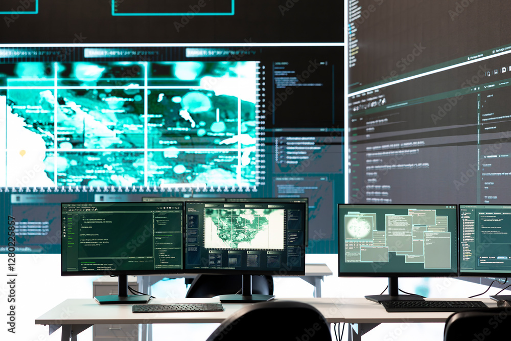 Poster empty governmental cyber defense and surveillance room equipped with cutting edge advanced technolog