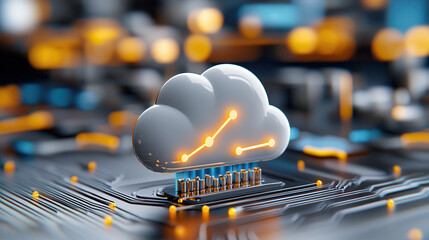 digital cloud with glowing data analytics symbols hovers over circuit board, representing AI powered data processing and intelligence