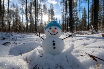 Happy snowman in snowy forest. Winter scene. Possible use Greeting card, website background