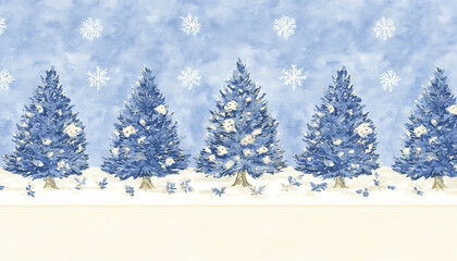 Fototapeta premium Serene winter scene featuring five snow-dusted blue Christmas trees against a soft blue sky with snowflakes. Perfect for holiday cards or winter-themed designs.