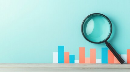 A magnifying glass over a colorful bar chart illustrating data analysis and research in a modern office setting.