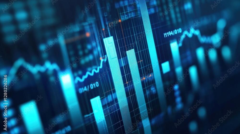 Poster abstract representation of financial market trends with blue and green bar graphs and data lines