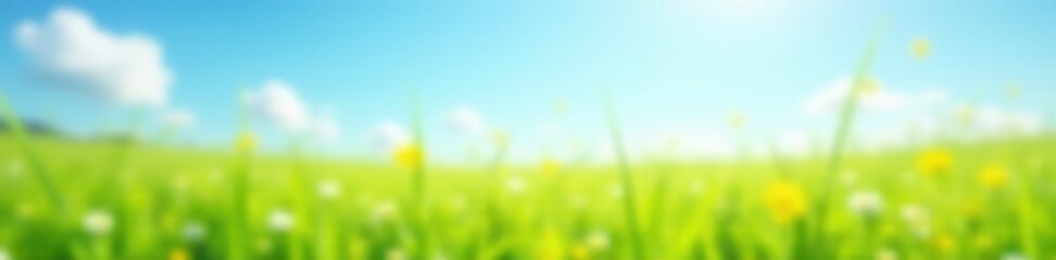 Blurred sunny spring meadow, blue sky, soft green grass , sunny, beautiful, texture