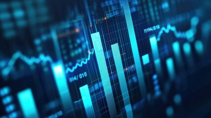 Abstract representation of financial market trends with blue and green bar graphs and data lines