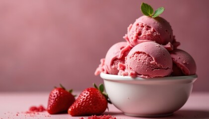Close-up of rich strawberry ice cream in a cup, strawberry, closeup, dairy product