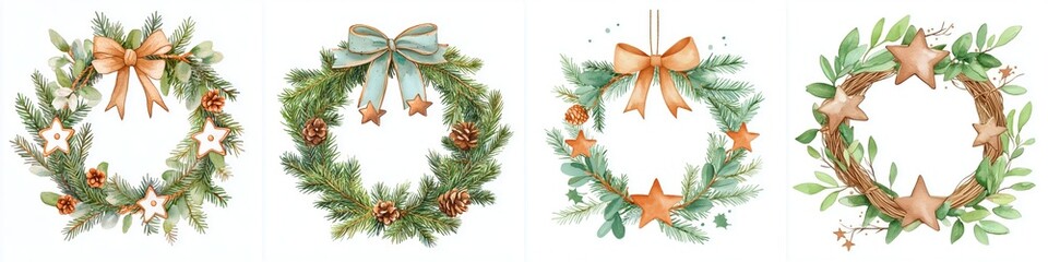 Christmas Holiday Festive Wreath Assortment with Ribbon and Star Decoration Variety in Arrangement