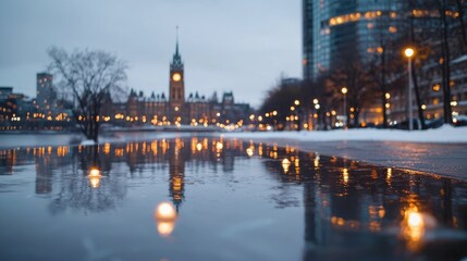 Fototapeta premium Winter evening city reflection on flooded street. Possible stock photo use