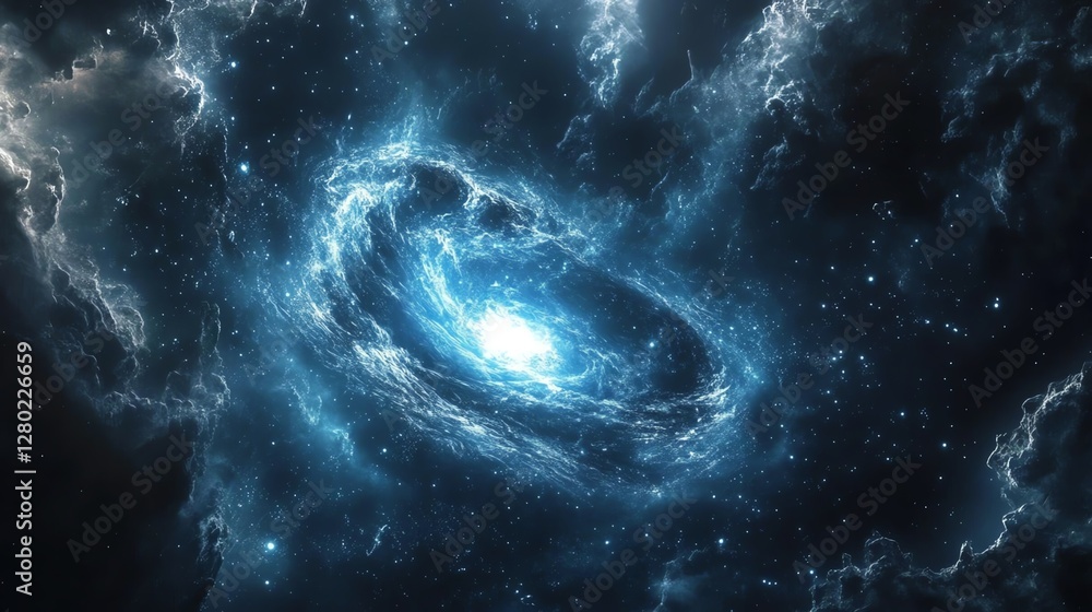 Poster Galactic Swirl Filled With Bright Stars and Cosmic Clouds in Deep Blue Space During a Celestial Event