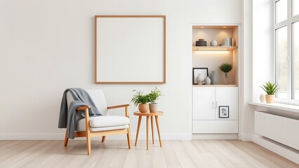 Cozy living room with white walls, minimalistic decor, wooden furniture, and natural lighting for a modern and inviting space.