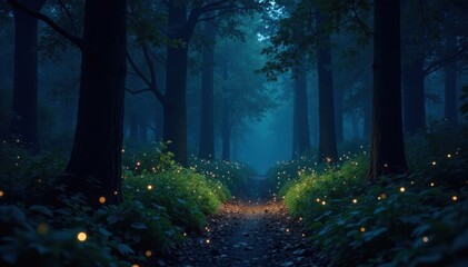 Obraz premium Fireflies twinkle, illuminating a tranquil forest path Dark, lush foliage, calm night , bug, summer
