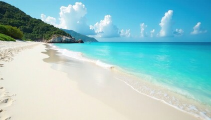 Fine white sand slopes to a tranquil azure ocean, soft waves lapping , beautiful, foam