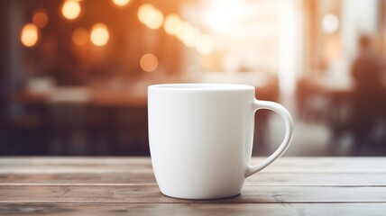 Obraz premium A quiet moment of peaceful contemplation, a warm mug on a rustic wooden table in a softly lit cafe, enjoying the warmth of the afternoon sun.