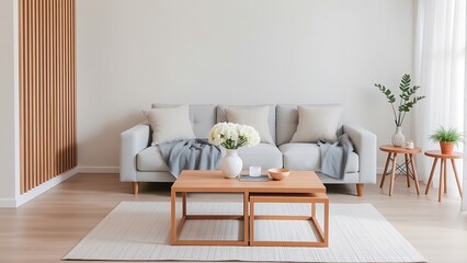 Fototapeta premium Cozy living room with light gray sofa, wooden furniture, and soft lighting for a modern and inviting home atmosphere.