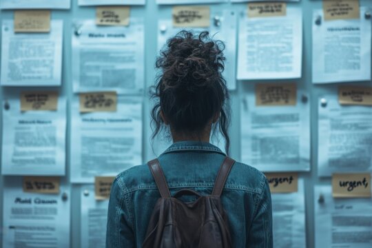 A worried user standing in front of a noticeboard, reading a job listing. Featuring focus and uncertainty