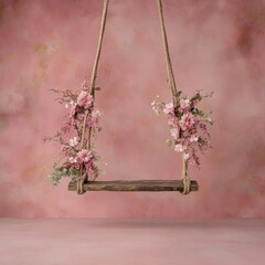 Enchanting Newborn Swing with Pink Blossoms in Magical Lighting - High-Resolution PNG Digital Backdrop for Fine Art and Photoshop