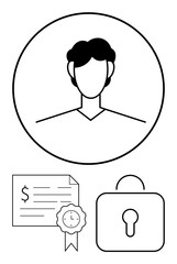 Avatar in a circle, document with financial details and seal, padlock. Ideal for personal identification, online security, digital certification, privacy protection, financial transactions