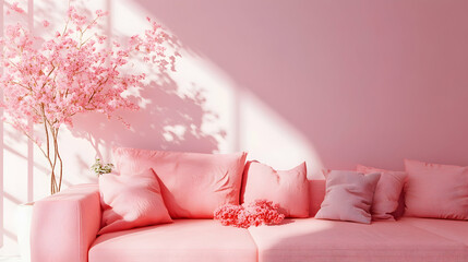 Three dimensional render of corner of pink colored living room