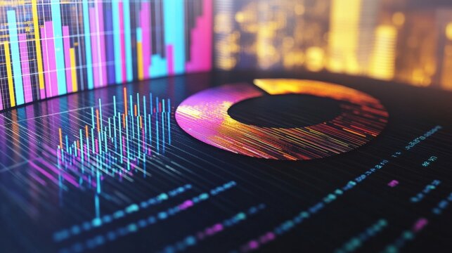 Colorful data visualization with graphs and pie chart representing statistical analysis