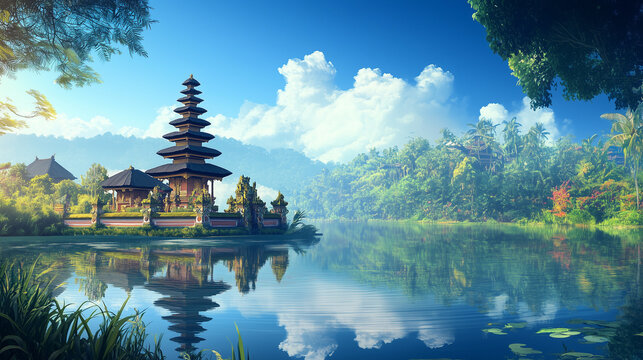 Happy Nyepi Day - Traditional Balinese Temple with Pagoda-Style Roof Surrounded by Lush Greenery and Calm Waters Under a Bright Blue Sky