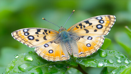 Vibrant butterfly with dewdrop-covered leaf. Detailed macro shot of a butterfly's wings and body.
