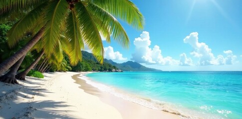 Fototapeta premium Sun-drenched sands meet crystalline turquoise sea, dense palm trees frame the scene , holiday, sun