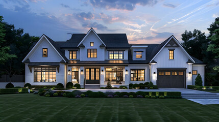 Twilight transforms the modern farmhouse luxury home exterior into a vision of elegance and serenity, a perfect retreat at day's