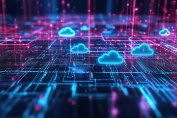 A neon-blue digital grid displaying cloud computing services and online data transfer.