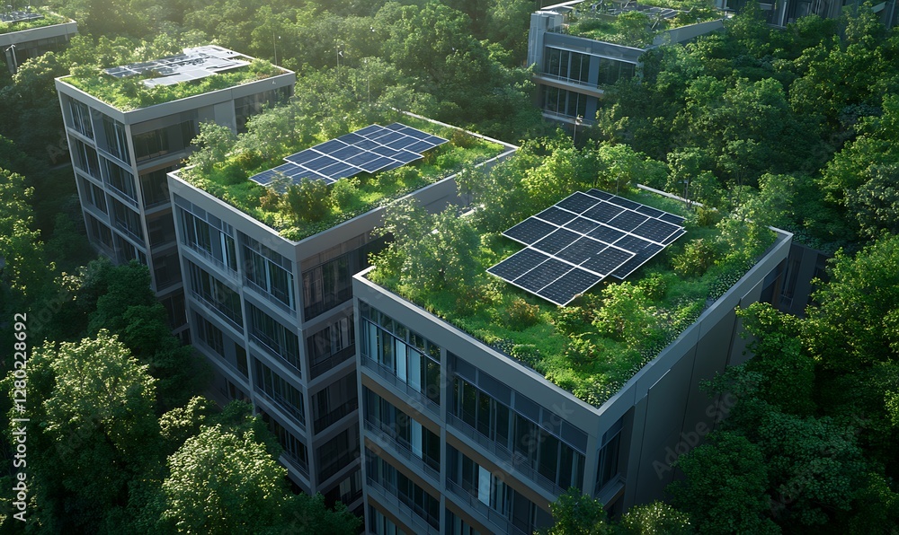 Poster image of a skyscraper in a sustainable business district focusing on carbon neutrality and advanced 