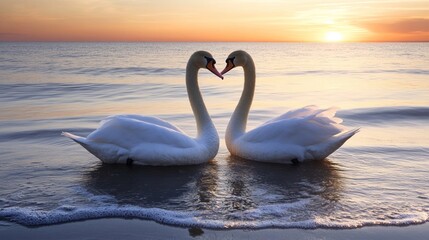 Fototapeta premium Romantic Swans at Sunset: A Serene Coastal Scene